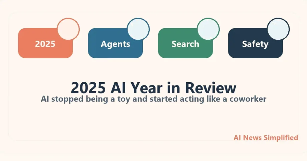 AI News Simplified themed illustration for 2025 AI Year in Review: AI Stopped Being a Toy and Started Acting Like a Coworker