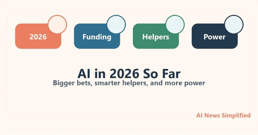 AI News Simplified themed illustration for AI in 2026 So Far: Bigger Bets, Smarter Helpers, and More Power