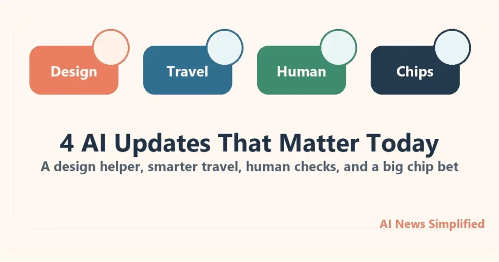 AI News Simplified themed illustration for 4 AI Updates That Matter Today: A Design Helper, Smarter Travel, Human Checks, and a Big Chip Bet