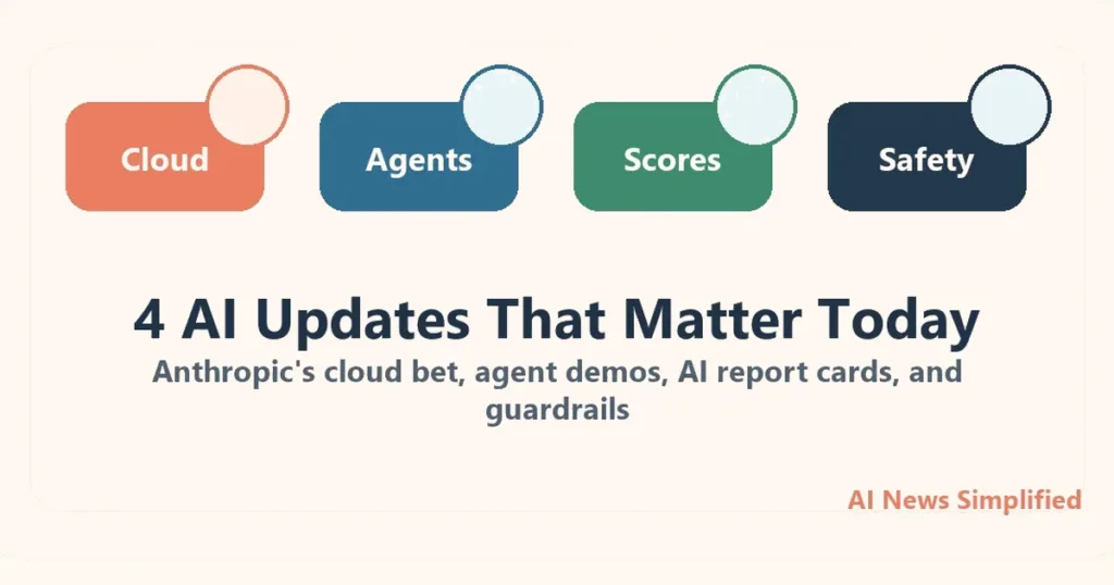 AI News Simplified themed illustration for 4 AI Updates That Matter Today: Anthropic's Big Cloud Bet, Agent Demos, AI Report Cards, and Better Guardrails